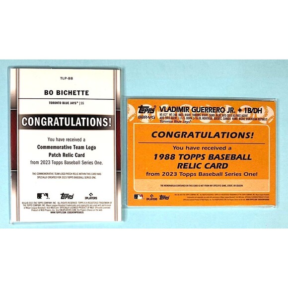 2 Blue Jays Cards- Vlad Jr GU Material card #88R-VG & Bichette Team logo Card - Picture 2 of 2